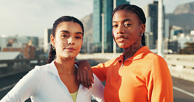 Buy stock photo Smile, women and athletes in city for fitness, running or workout together on bridge. Confident, sports and portrait of female people with bonding for cardio exercise or training in urban town.