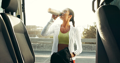 Buy stock photo Fitness, drinking and smoothie with woman in city for workout, protein shake and training. Health, energy and runner nutrition with person and car for marathon exercise, sports and running athlete