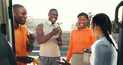 Buy stock photo Smile, group and people laugh for fitness break, conversation and social gathering by car. Active, friends and discussion for recovery, funny gossip and workout snack for bonding together by vehicle