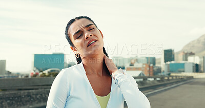 Buy stock photo Fitness, stress and woman in city with neck pain, muscle fatigue and tendon discomfort. Athlete, outdoor and joint tension in back from accident injury, overexertion and sprain with inflammation