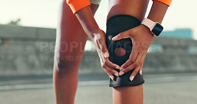 Buy stock photo Sports, workout and woman in city with knee pain, injury or accident with running or training. Fitness, medical emergency and athlete with muscle sprain, inflammation or bruise for cardio exercise