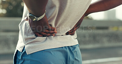 Buy stock photo Fitness, workout and man in city with back pain, injury or accident with running or training. Sports, medical emergency and male athlete with muscle sprain, inflammation or bruise for cardio exercise