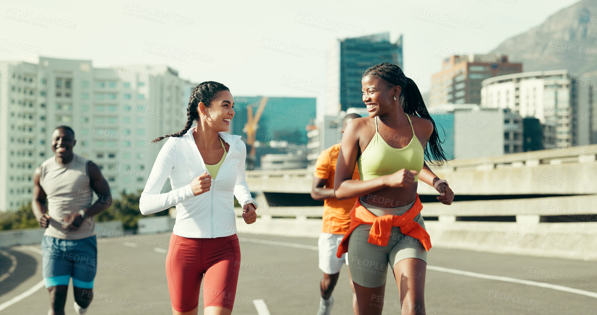 Buy stock photo Fitness, friends and people running in city with workout, health or training for marathon. Sports, group and athletes with cardio exercise for race practice, wellness or teamwork in urban town.
