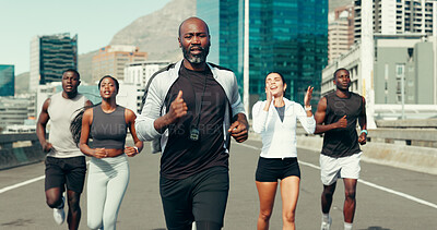 Buy stock photo Coach, group and running in city, fitness and motivation for marathon training with speed on bridge. Mentor, people and outdoor on urban street for cardio workout, exercise and challenge in town