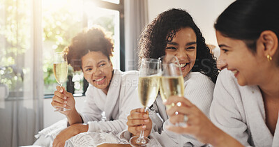 Buy stock photo Women, friends and toast at spa with champagne, relax or cheers for smile on vacation at luxury resort. People, girl and happy with drink, alcohol or bonding at reunion with celebration in hotel room