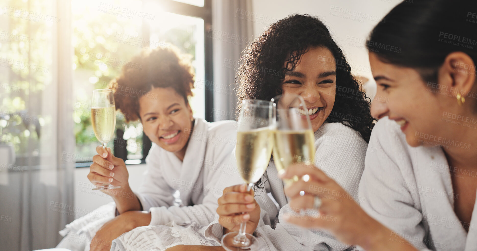Buy stock photo Women, friends and toast at spa with champagne, relax or cheers for smile on vacation at luxury resort. People, girl and happy with drink, alcohol or bonding at reunion with celebration in hotel room