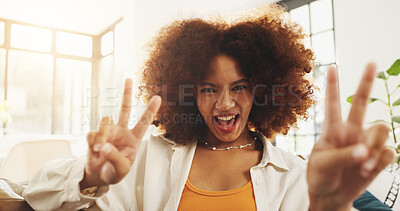 Buy stock photo Woman, happy and peace sign on sofa in portrait, excited and relax in living room at apartment. Girl, smile and face with symbol, gesture and v emoji on couch in lounge with at house in Costa Rica