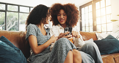 Buy stock photo Phone, talking and relax with friends on sofa for support, bonding and social media text together. Post update, smile and connection with women in living room of home for love, reunion and online