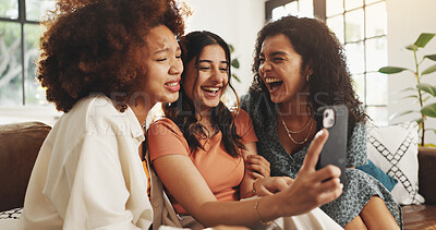 Buy stock photo Selfie, laughing and relax with friends on sofa for support, bonding and social media together. Post update, smile and connection with women in living room of home for love, reunion and video call