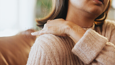 Buy stock photo Woman, hands and shoulder pain of injury on sofa with inflammation, tender muscle and discomfort. Sore, person and joint ache in home with fibromyalgia, neck tension and uncomfortable with pressure