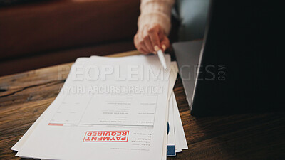 Buy stock photo Warning, documents and person on laptop for finance, online banking and debt review in home. Invoice, digital payment and hands on computer with paperwork for financial bills, mortgage and budget