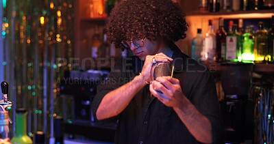 Buy stock photo Bartender, shaker and recipe for cocktail at club with bottle service, skills and liquor for event. Person, barman or waiter with mixing, alcohol and spirits for drinks, catering and job at night