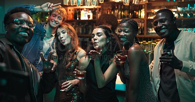 Buy stock photo Selfie, smile and party with friends at night club for social media, reunion and disco event. Happiness, celebration and photography pov with people at bar for culture, weekend and new years 