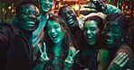 Selfie, peace sign and smile with friends at night club for social media, reunion and disco event. Happiness, celebration and photography pov with people at bar for culture, weekend and new years 