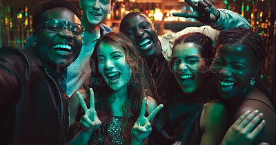 Buy stock photo Selfie, peace sign and smile with friends at night club for social media, reunion and disco event. Happiness, celebration and photography POV with people at bar for culture, weekend and new years 