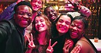 Selfie, peace sign and party with friends at night club for social media, reunion and disco event. Happiness, celebration and photography pov with people at bar for culture, weekend and new years 