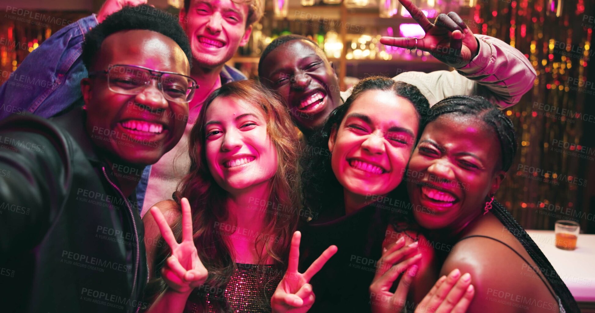 Buy stock photo Selfie, peace sign and party with friends at night club for social media, reunion and disco event. Happiness, celebration and photography pov with people at bar for culture, weekend and new years 