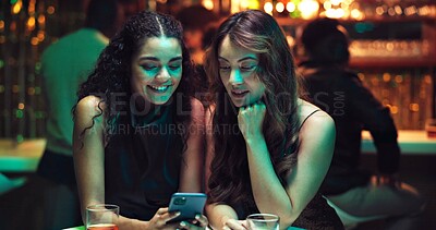 Buy stock photo Phone, online dating and search with friends in nightclub for relationship app, communication and party. Culture, meeting and social media with people at bar for conversation, network and contact