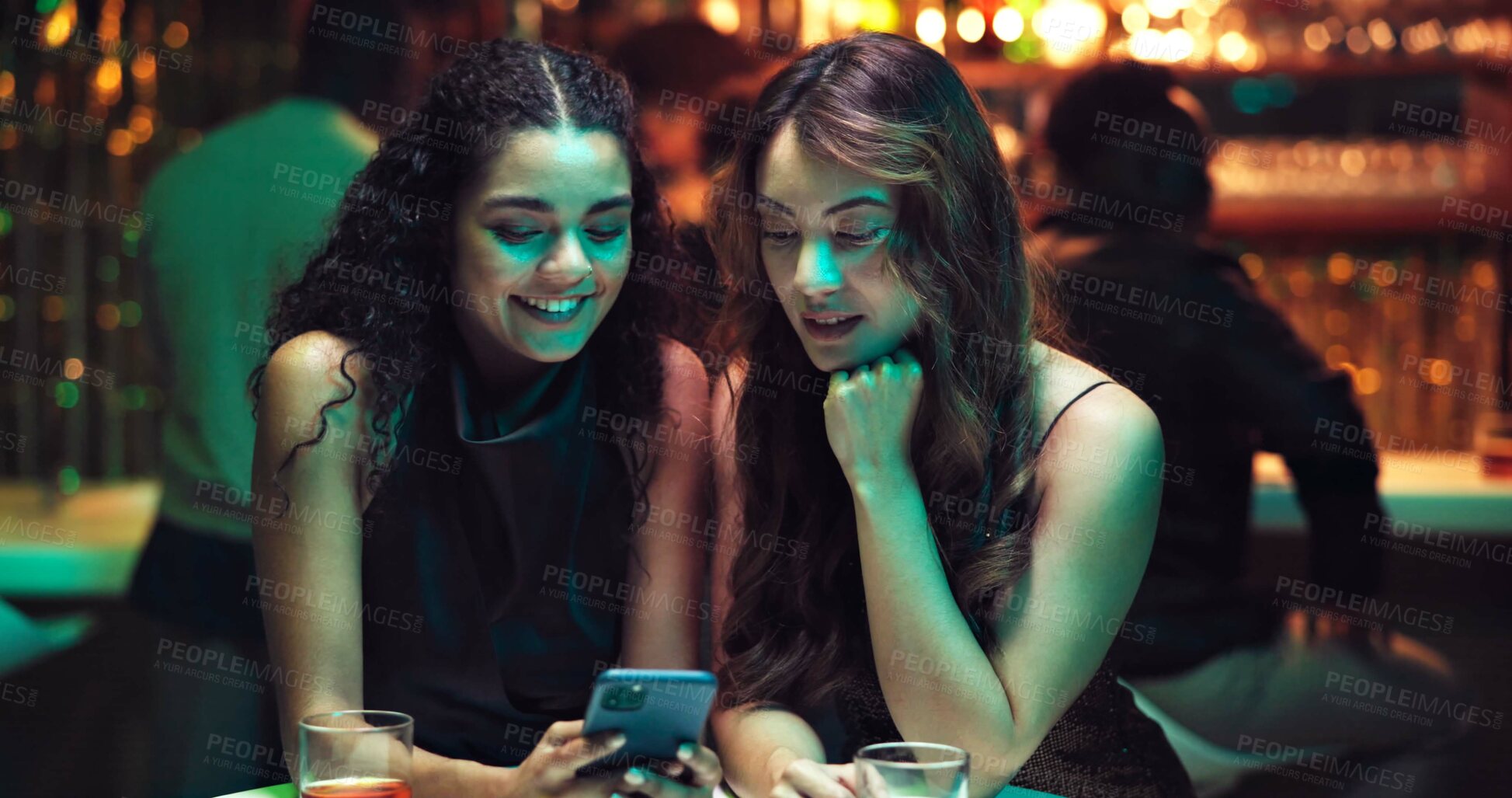 Buy stock photo Phone, online dating and search with friends in nightclub for relationship app, communication and party. Culture, meeting and social media with people at bar for conversation, network and contact