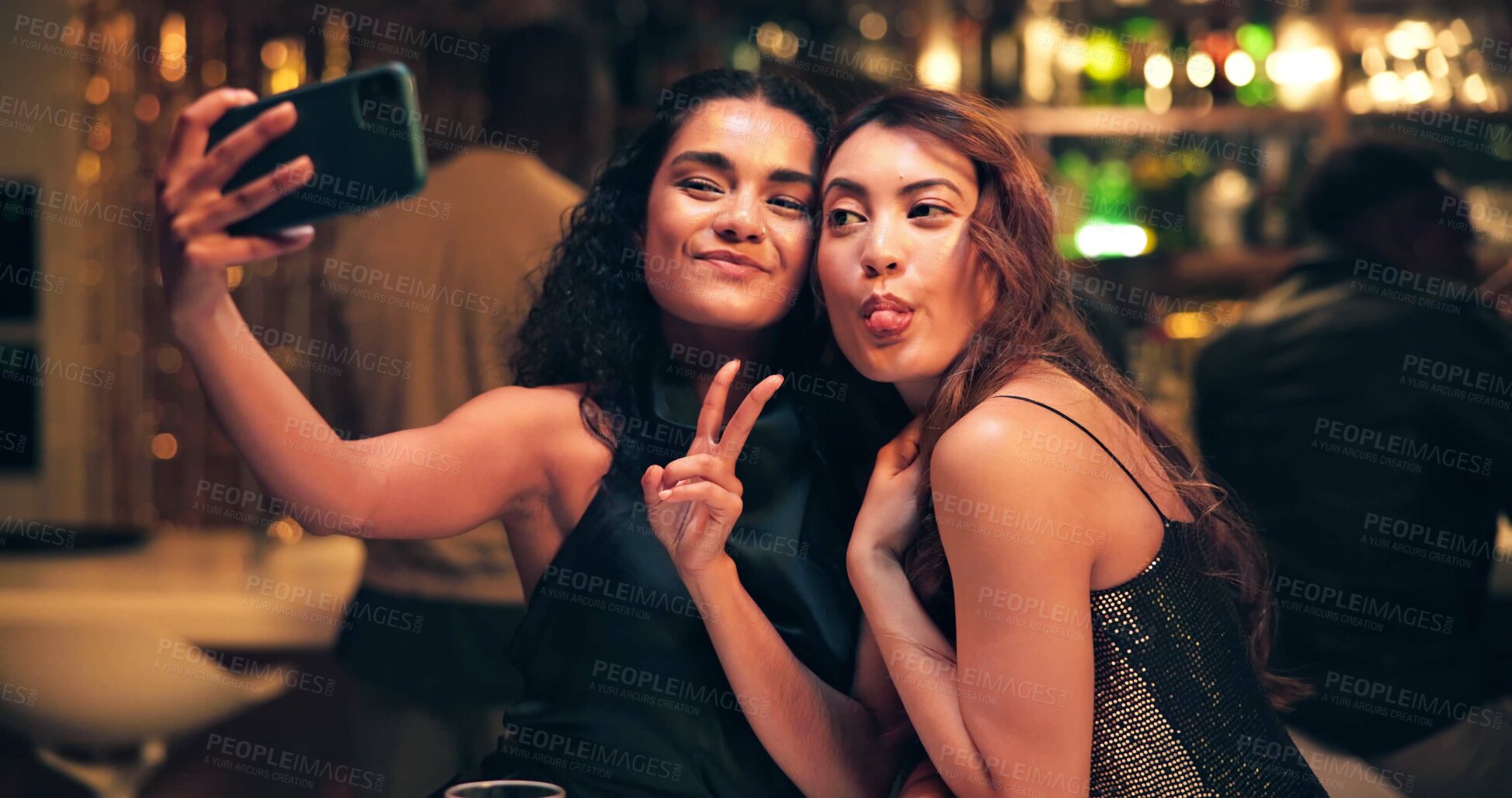 Buy stock photo Selfie, peace sign and party with women at night club for social media, reunion and disco event. Happiness, celebration and photography with people at bar for culture, weekend and new years eve