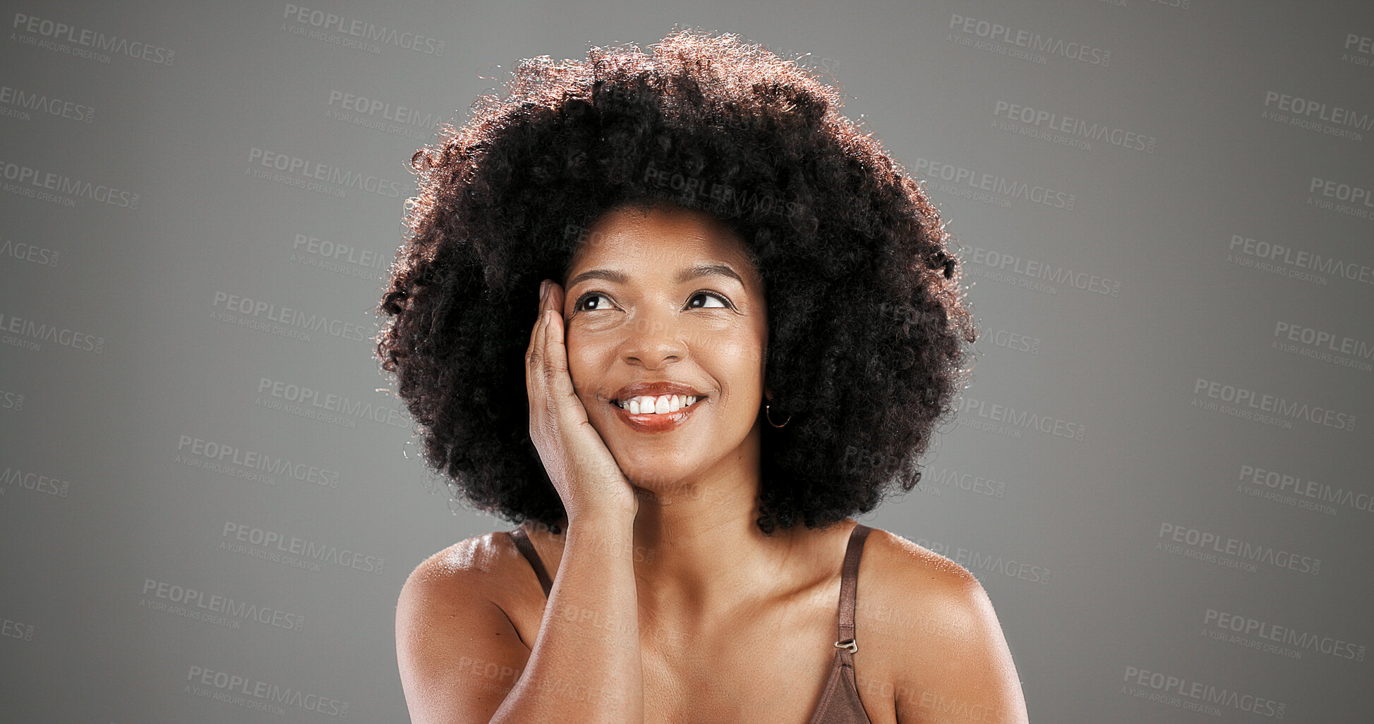 Buy stock photo Beauty, black woman or thinking with skincare ideas with hydration results, space or shine. Afro, studio or happy person with healthy cosmetics, anti aging treatment or confidence on gray background