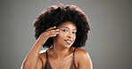 Beauty, woman and portrait with skincare in studio with hydration results, makeup and natural glow. Mockup, smile and african person with healthy skin from anti aging and self care on gray background