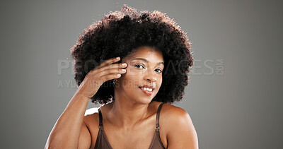 Buy stock photo Beauty, woman and portrait with skincare in studio with hydration results, makeup and natural glow. Mockup, smile and African person with healthy skin from anti aging and self care on gray background