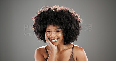 Buy stock photo Afro woman, smile or portrait with skincare space with hydration results, studio and shine. Happy, model or African person with beauty glow, anti aging treatment and confidence on gray background