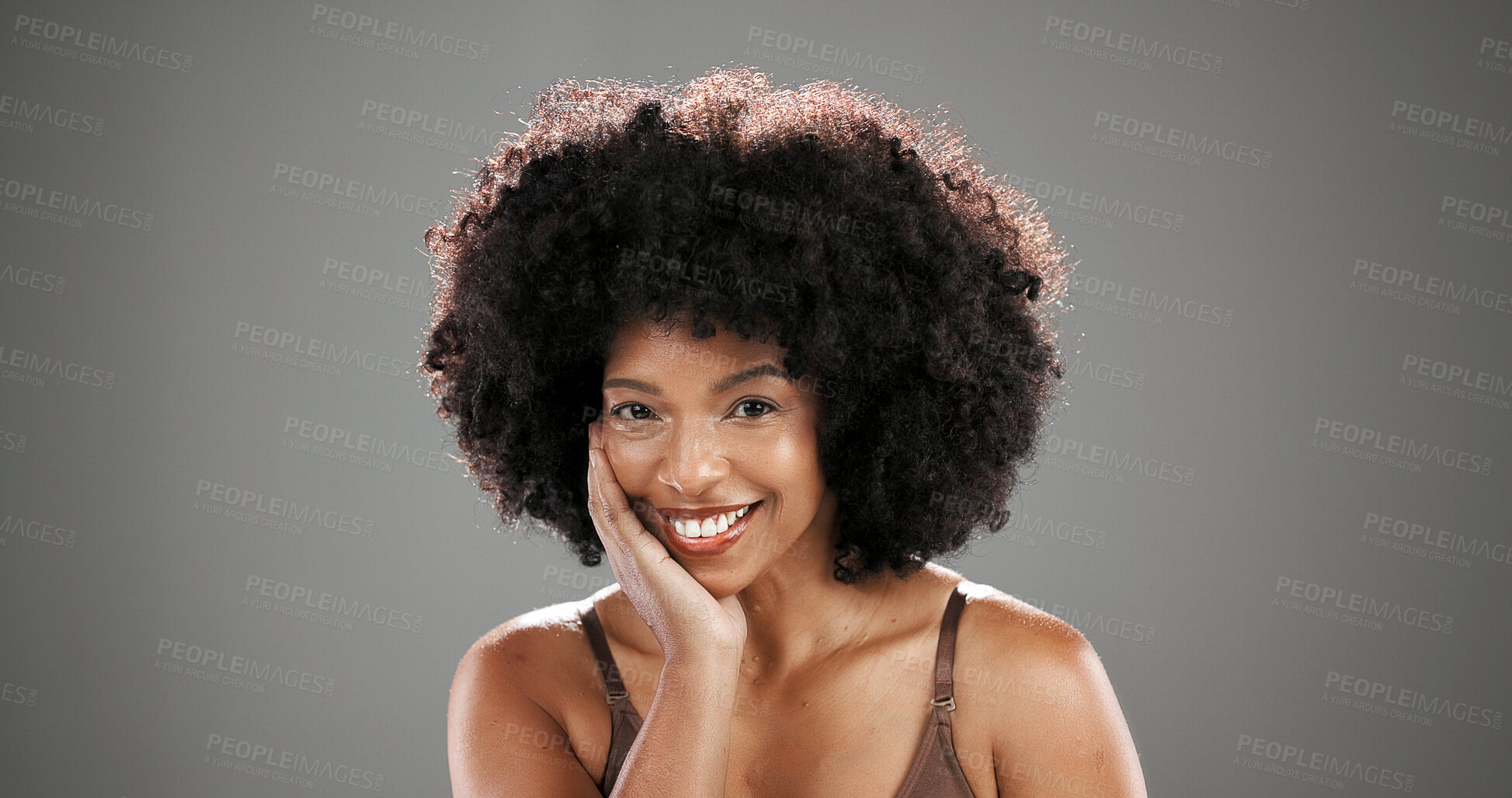 Buy stock photo Afro woman, smile or portrait with skincare space with hydration results, studio and shine. Happy, model or African person with beauty glow, anti aging treatment and confidence on gray background