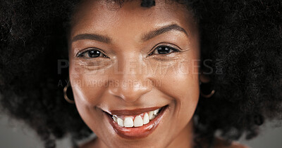 Buy stock photo Beauty, woman and portrait with skincare glow with hydration results, makeup and shine. Afro, smile or African female person with healthy skin, anti aging treatment or confidence on studio background
