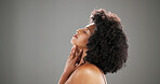 Beauty, woman and pride for skincare in studio with hydration results, makeup and natural glow. Mockup, profile and african person with healthy skin from anti aging and dermatology on gray background