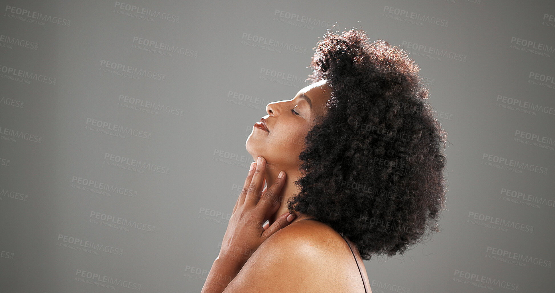 Buy stock photo Beauty, woman and pride for skincare in studio with hydration results, makeup and natural glow. Mockup, profile and African person with healthy skin from anti aging and dermatology on gray background