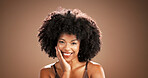 Beauty, woman and portrait with skincare in studio with natural makeup, hydration glow and results. Mockup, smile and african person with healthy skin from cosmetics and self care on brown background