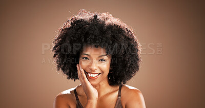 Buy stock photo Beauty, woman and portrait with skincare in studio with natural makeup, hydration glow and results. Mockup, smile and african person with healthy skin from cosmetics and self care on brown background