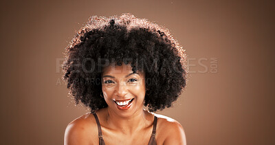 Buy stock photo Skincare, beauty or happy with portrait in studio for natural glow, collagen results and hydration. Mockup space, african person and smile with retinol treatment and regeneration on brown background