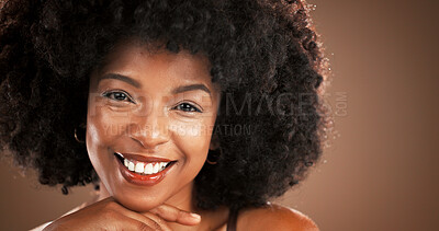 Buy stock photo Hair, studio and portrait of African happy woman for health, texture and growth on brown background. Hairdresser, mockup space and person with natural hairstyle, afro and grooming for wellness