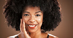 Hair, brown background and portrait of African woman with smile for health, texture and growth in studio. Hairdresser, mockup space and person with natural hairstyle, afro and grooming for wellness