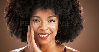 Buy stock photo Hair, brown background and portrait of African woman with smile for health, texture and growth in studio. Hairdresser, mockup space and person with natural hairstyle, afro and grooming for wellness