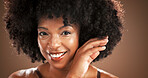 Hair, studio and portrait of black woman with smile for health, texture and growth on brown background. Hairdresser, mockup space and person with natural hairstyle, afro and grooming for wellness