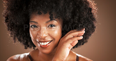 Buy stock photo Hair, studio and portrait of black woman with smile for health, texture and growth on brown background. Hairdresser, happy and face of person with natural hairstyle, afro and grooming for wellness