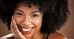 Hair, closeup and portrait of African woman with smile for health, texture and growth on brown background. Hairdresser, mockup space and person with natural hairstyle, afro and grooming for wellness