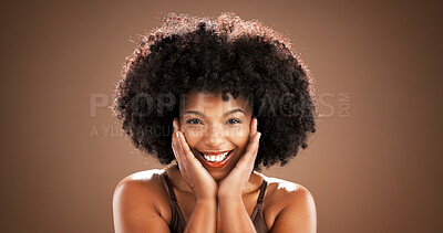 Buy stock photo Skincare, woman and portrait with beauty in studio with natural makeup, hydration glow or results. Mockup, smile and african person with self care for healthy skin and anti aging on brown background