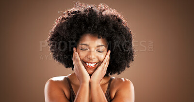 Buy stock photo Skincare, woman and happy with beauty in studio with natural foundation, makeup glow or results. Mockup space, smile or african person with self care for healthy skin or hydration on brown background