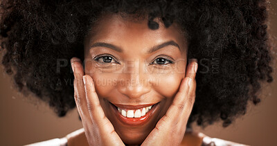 Buy stock photo Skincare, woman or happy with portrait in studio with foundation hydration, makeup glow or results. Female, smile or black person with self care for healthy skin or natural beauty on brown background