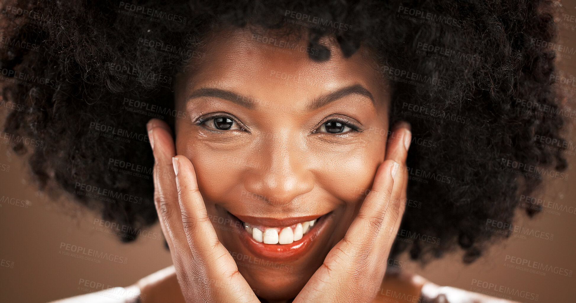Buy stock photo Skincare, woman or happy with portrait in studio with foundation hydration, makeup glow or results. Female, smile or black person with self care for healthy skin or natural beauty on brown background