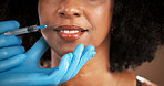Plastic surgery, lip filler and mouth of woman with gloves for skincare, facial implant and beauty. Dermatology, studio background and face of person with needle for cosmetics, anti aging and change