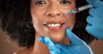 Buy stock photo Plastic surgery, lip filler and portrait of woman with gloves for skincare, implant and beauty. Dermatology, studio background and African person with needle for cosmetics, anti aging and change