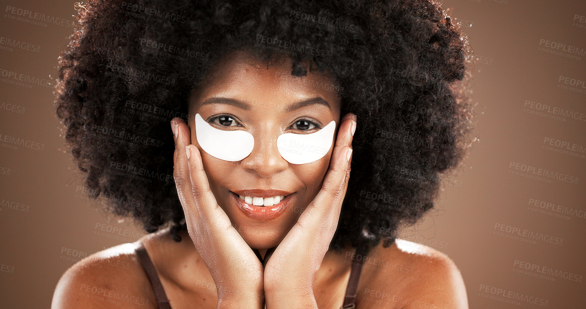 Buy stock photo Beauty, eye mask and portrait of black woman on brown background for facial, dark circles and wellness. Dermatology, collagen and face of person for skincare, anti aging and cosmetics for health