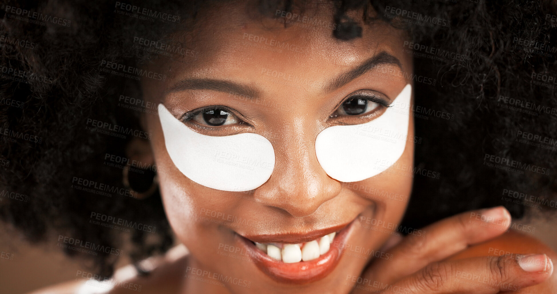 Buy stock photo Face, eye mask and portrait of black woman on brown background for skincare, dark circles and wellness. Dermatology, collagen and person for beauty, anti aging and facial cosmetics for health