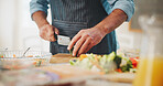 Food, hands and man cutting vegetables in home for cooking healthy dinner, meal or supper for diet. Knife, groceries and chef chopping fresh ingredients for wellness, nutrition or recipe in kitchen.